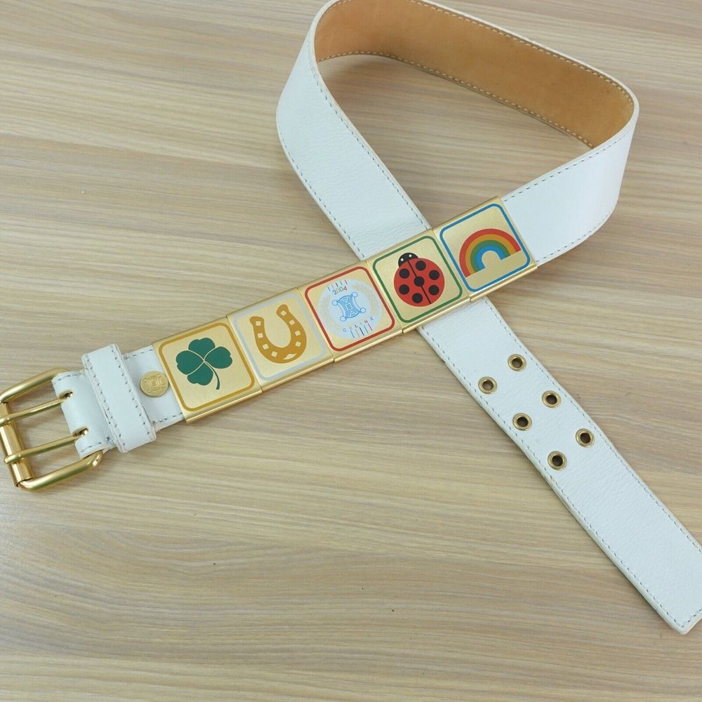 Celine White Leather Belt with Gold Tone Icon Tiles